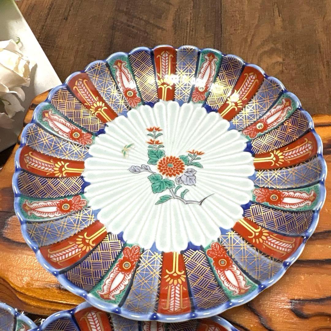 林九郎　染錦地紋・古伊万里菊割　取り皿５枚