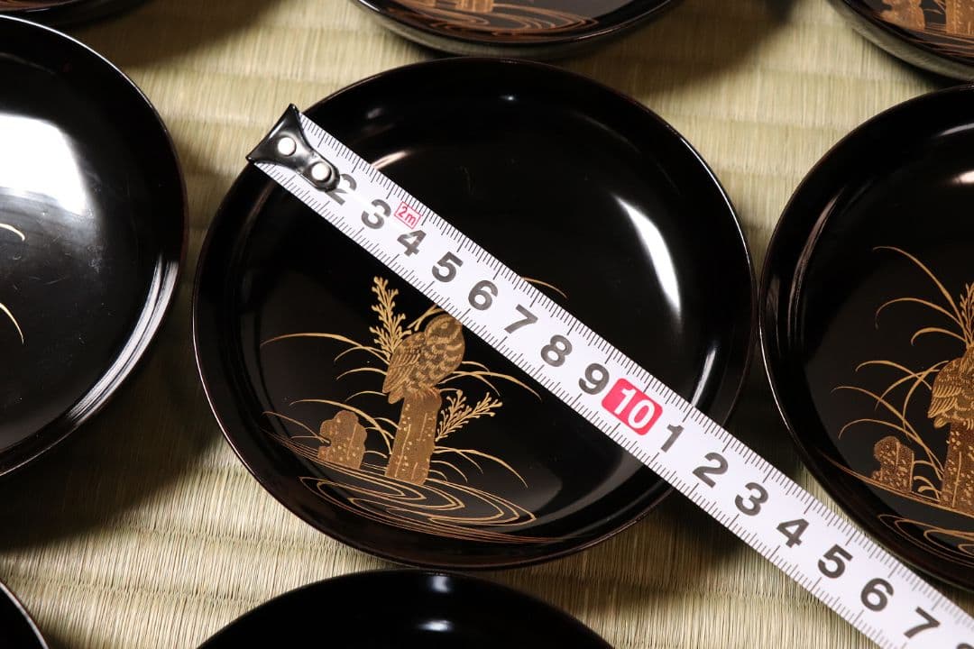 漆芸 鳥図 金蒔絵 黒塗 木皿 二十客 水鳥 川蝉 小皿 木製漆器【MA471】