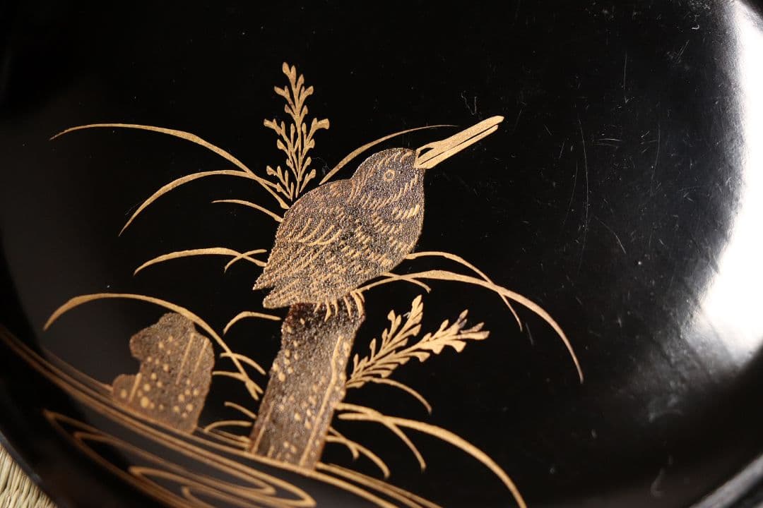 漆芸 鳥図 金蒔絵 黒塗 木皿 二十客 水鳥 川蝉 小皿 木製漆器【MA471】