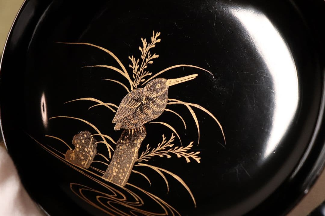 漆芸 鳥図 金蒔絵 黒塗 木皿 二十客 水鳥 川蝉 小皿 木製漆器【MA471】