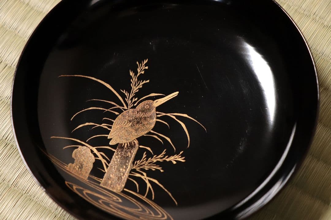 漆芸 鳥図 金蒔絵 黒塗 木皿 二十客 水鳥 川蝉 小皿 木製漆器【MA471】