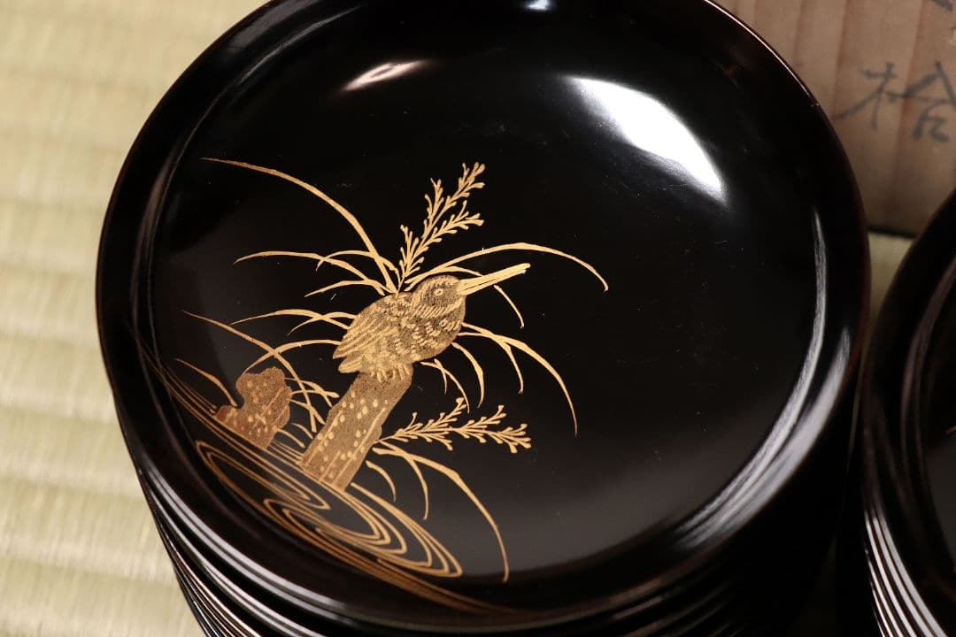漆芸 鳥図 金蒔絵 黒塗 木皿 二十客 水鳥 川蝉 小皿 木製漆器【MA471】