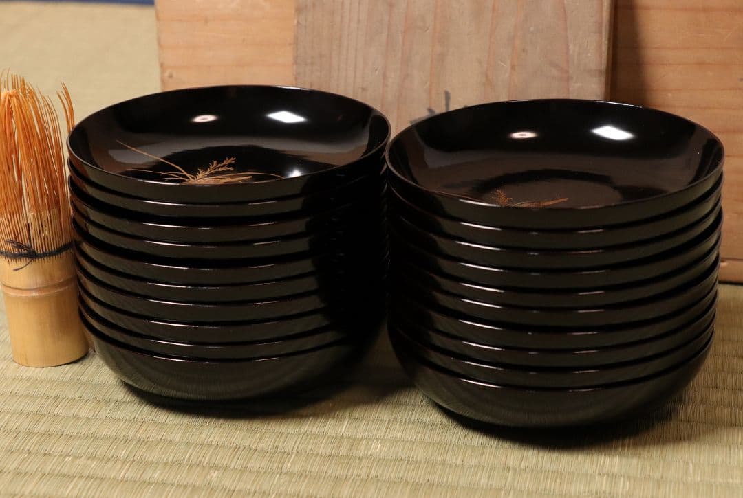 漆芸 鳥図 金蒔絵 黒塗 木皿 二十客 水鳥 川蝉 小皿 木製漆器【MA471】