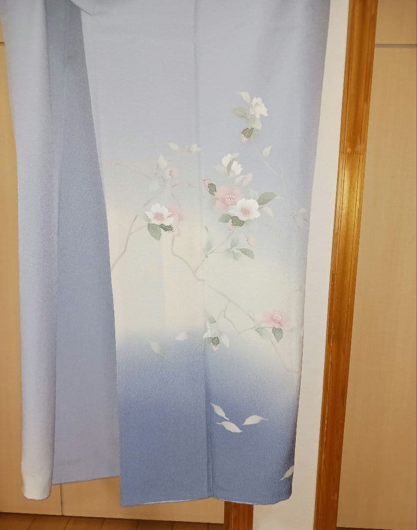 淡い水色 訪問着 正絹 ちりめん　花柄 上品 着物 身丈153cm　長襦袢付