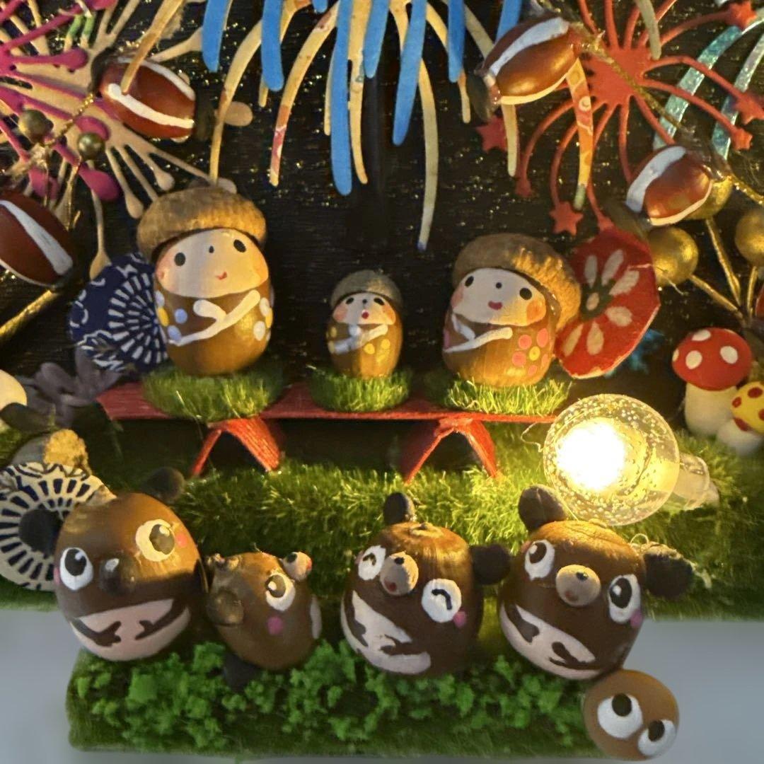 どんぐりアート♡タペストリー風ライト付きオブジェ2点　二段リース　計3点♡