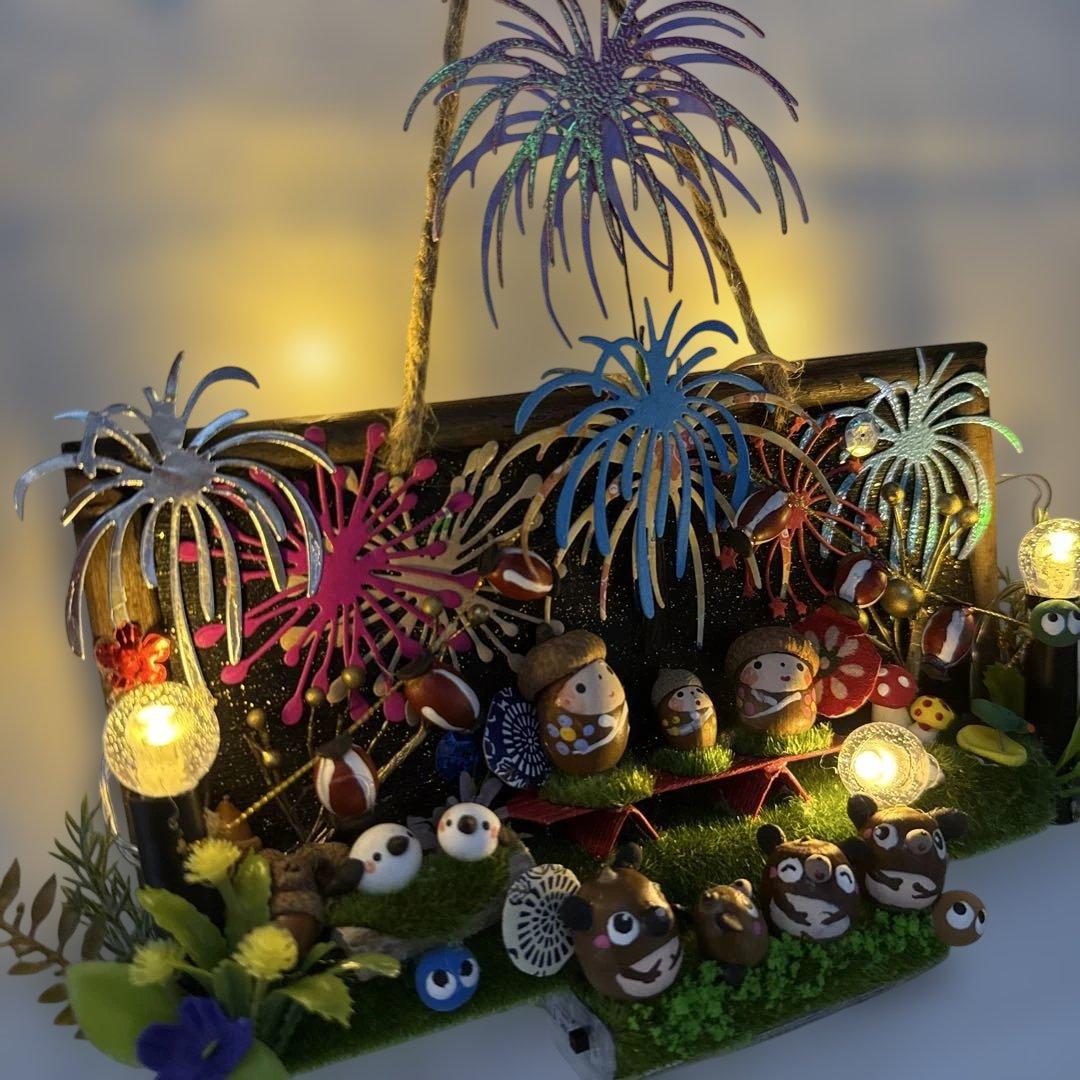 どんぐりアート♡タペストリー風ライト付きオブジェ2点　二段リース　計3点♡