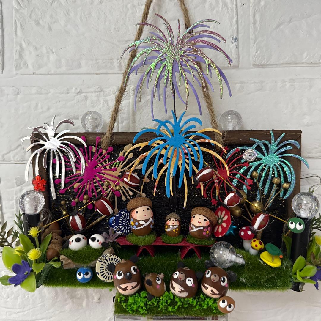 どんぐりアート♡タペストリー風ライト付きオブジェ2点　二段リース　計3点♡