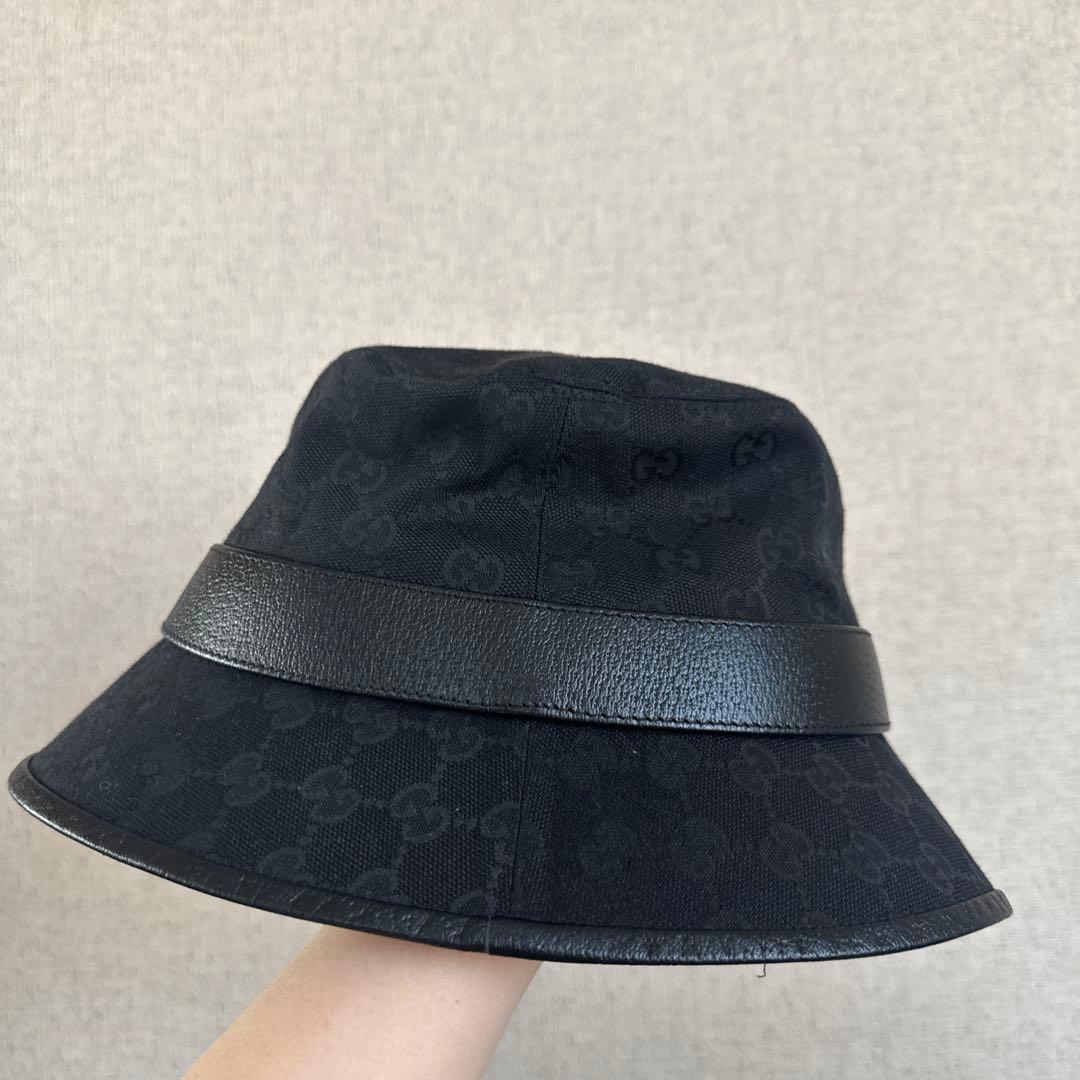 【美品】GUCCI GGロゴ ブラックバケットハット L