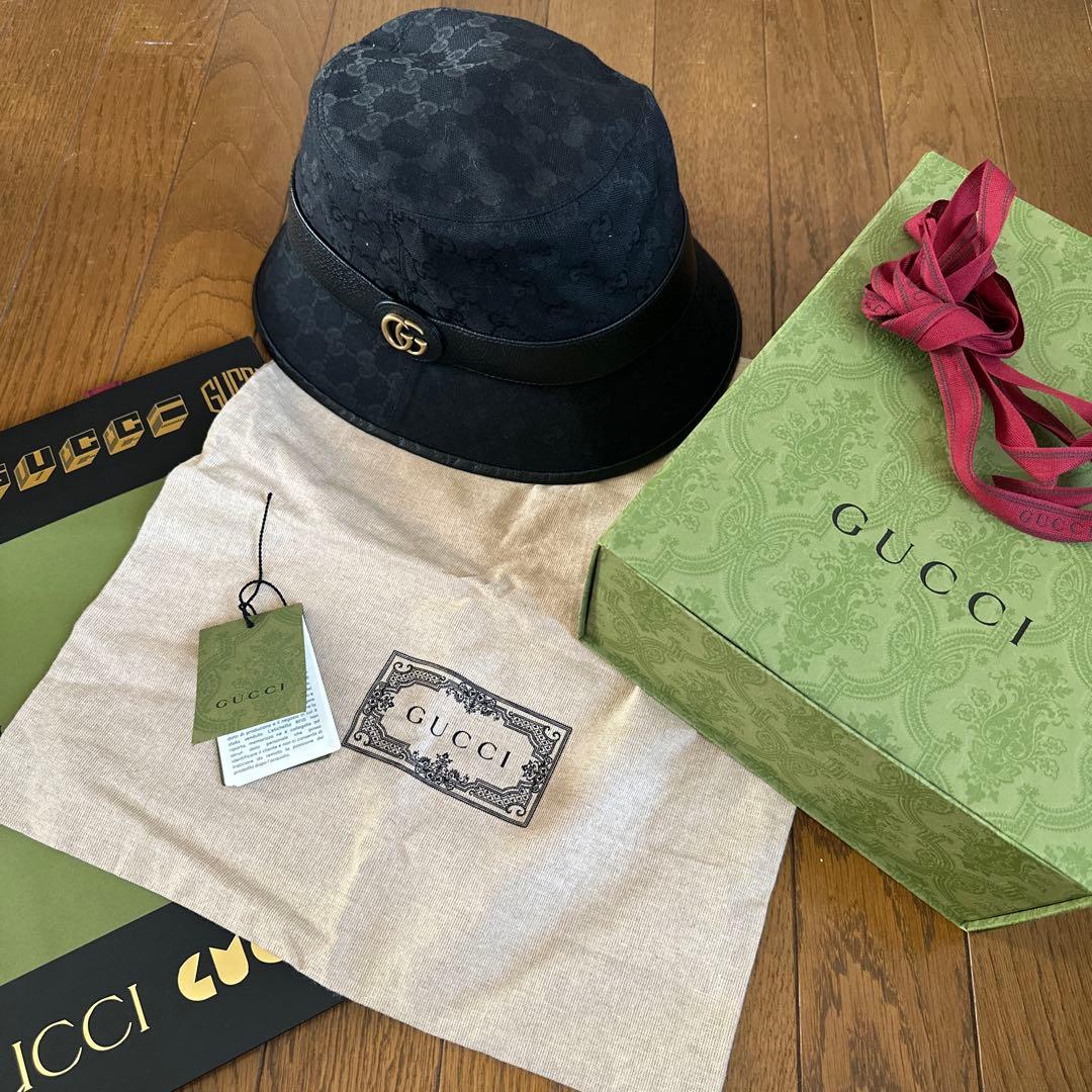 【美品】GUCCI GGロゴ ブラックバケットハット L