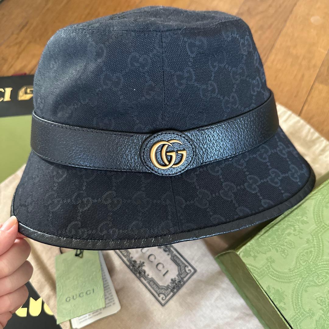 【美品】GUCCI GGロゴ ブラックバケットハット L