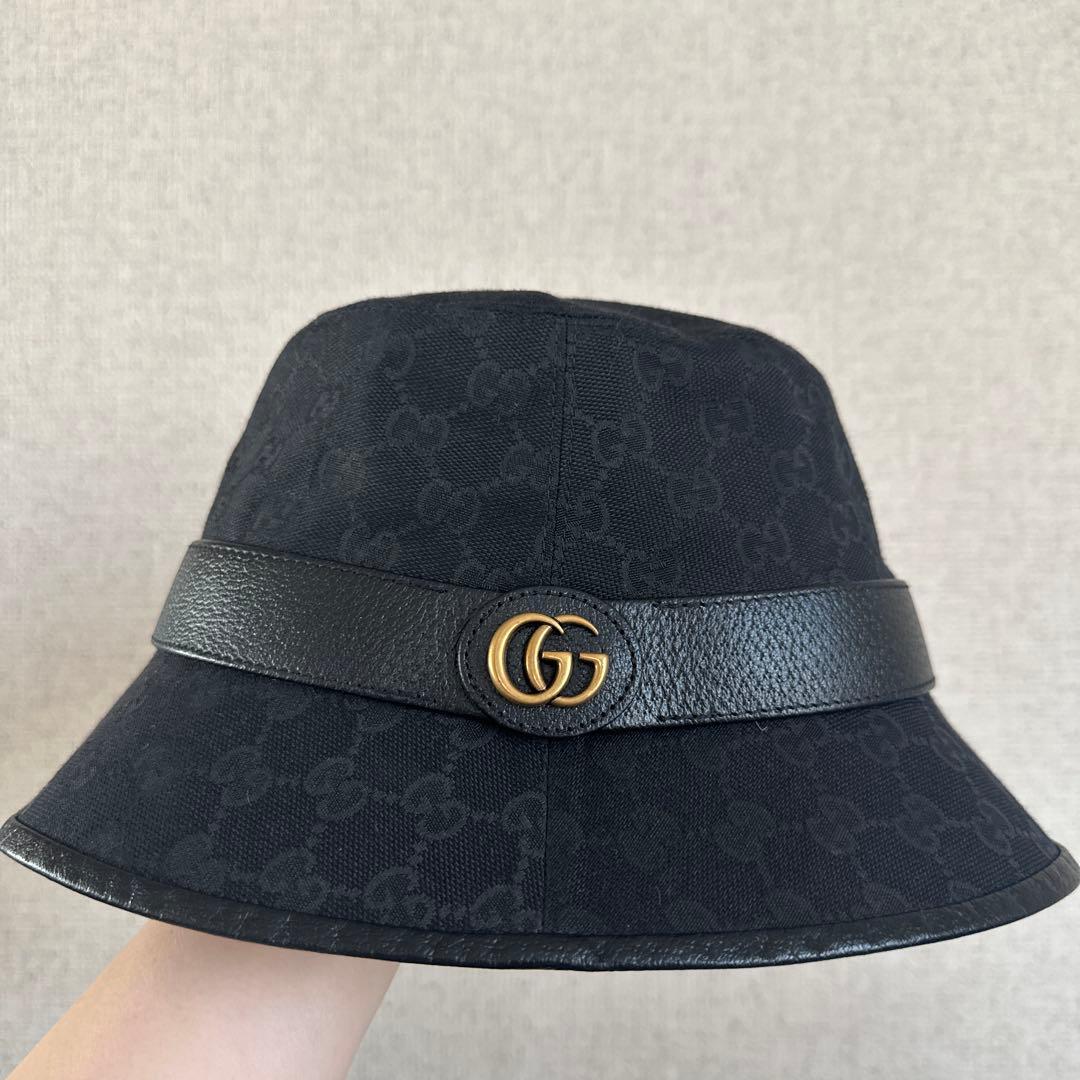 【美品】GUCCI GGロゴ ブラックバケットハット L