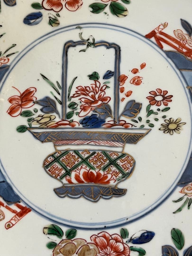 希少清朝初期　康熙年間　五彩　桜花輪花八寸皿　花籠　中国古玩古伊万里中国古美術