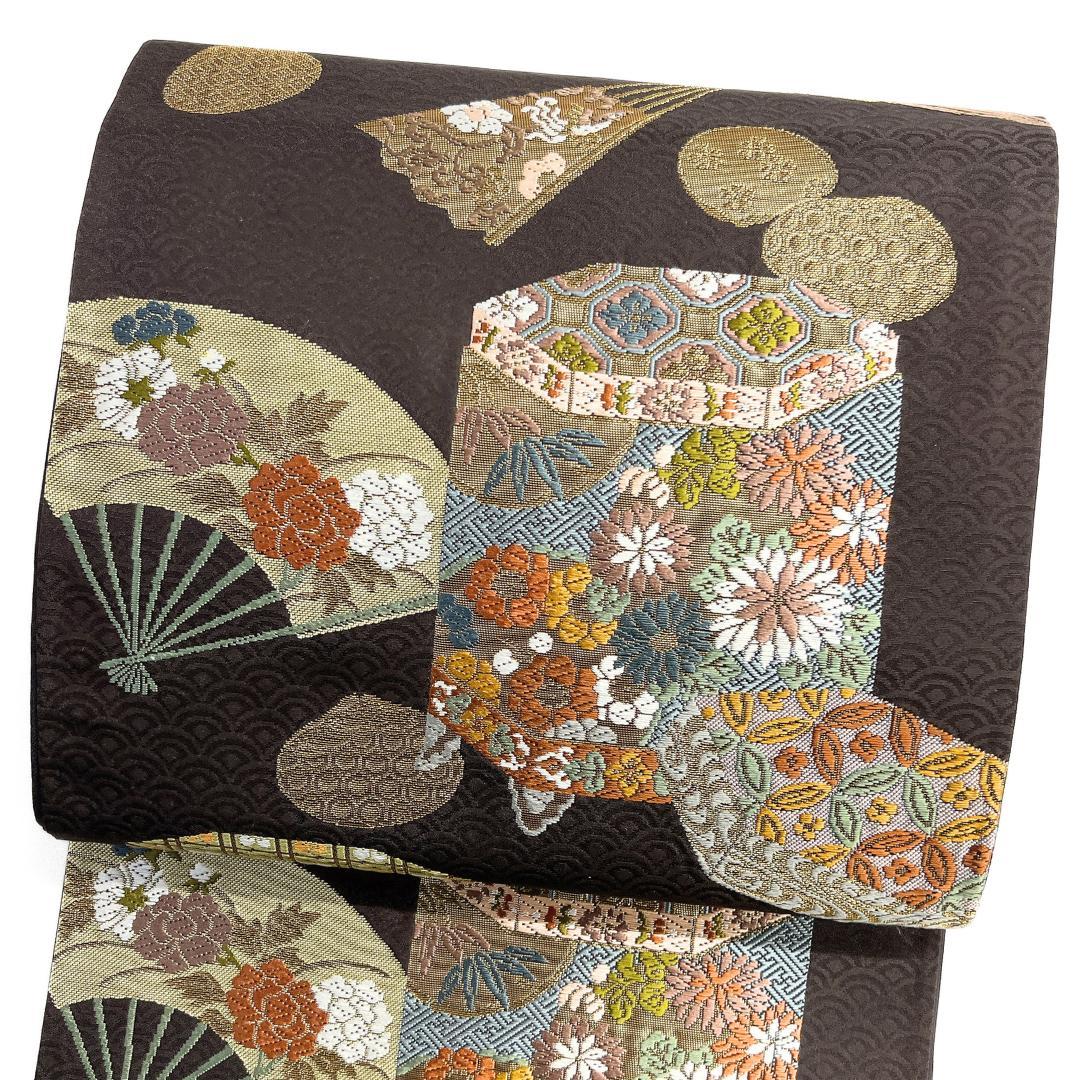 袋帯　貝桶　扇　花紋　花束　桐の花　七宝　貝合わせ　着物　123b d ms