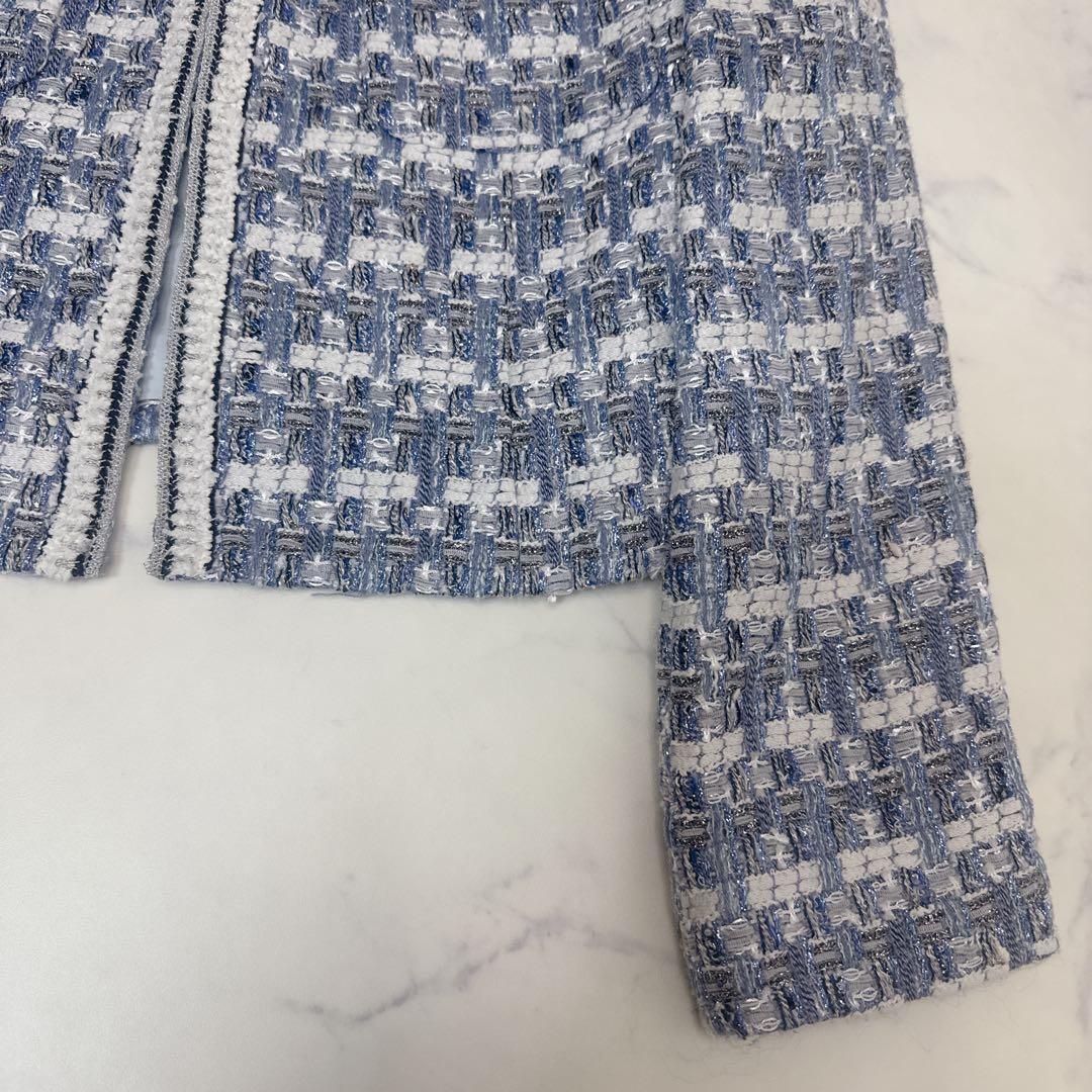 ANAYI ツイード ノーカラー ジャケット Jules Tournierブルー