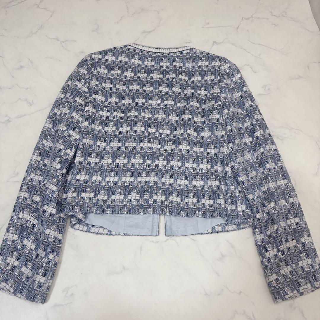 ANAYI ツイード ノーカラー ジャケット Jules Tournierブルー