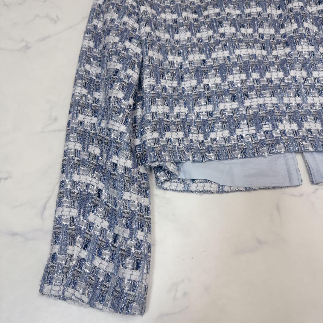 ANAYI ツイード ノーカラー ジャケット Jules Tournierブルー