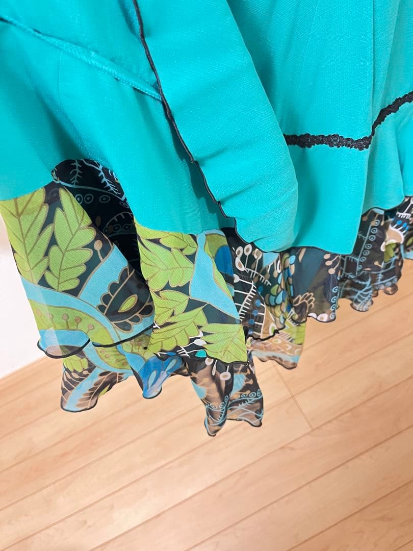 【再出品】フラメンコスカート ターコイズ　共布リボン付き