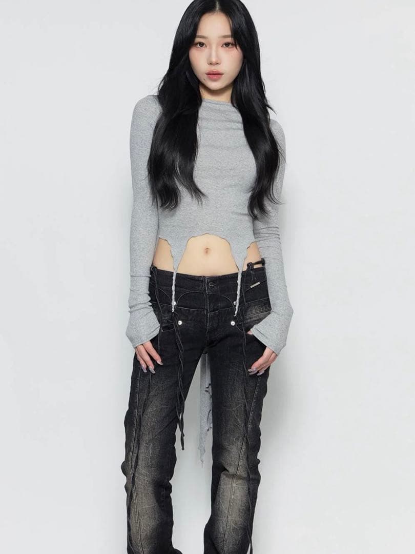 トップス THEREDTHREAD ribbon tail tops(gray)