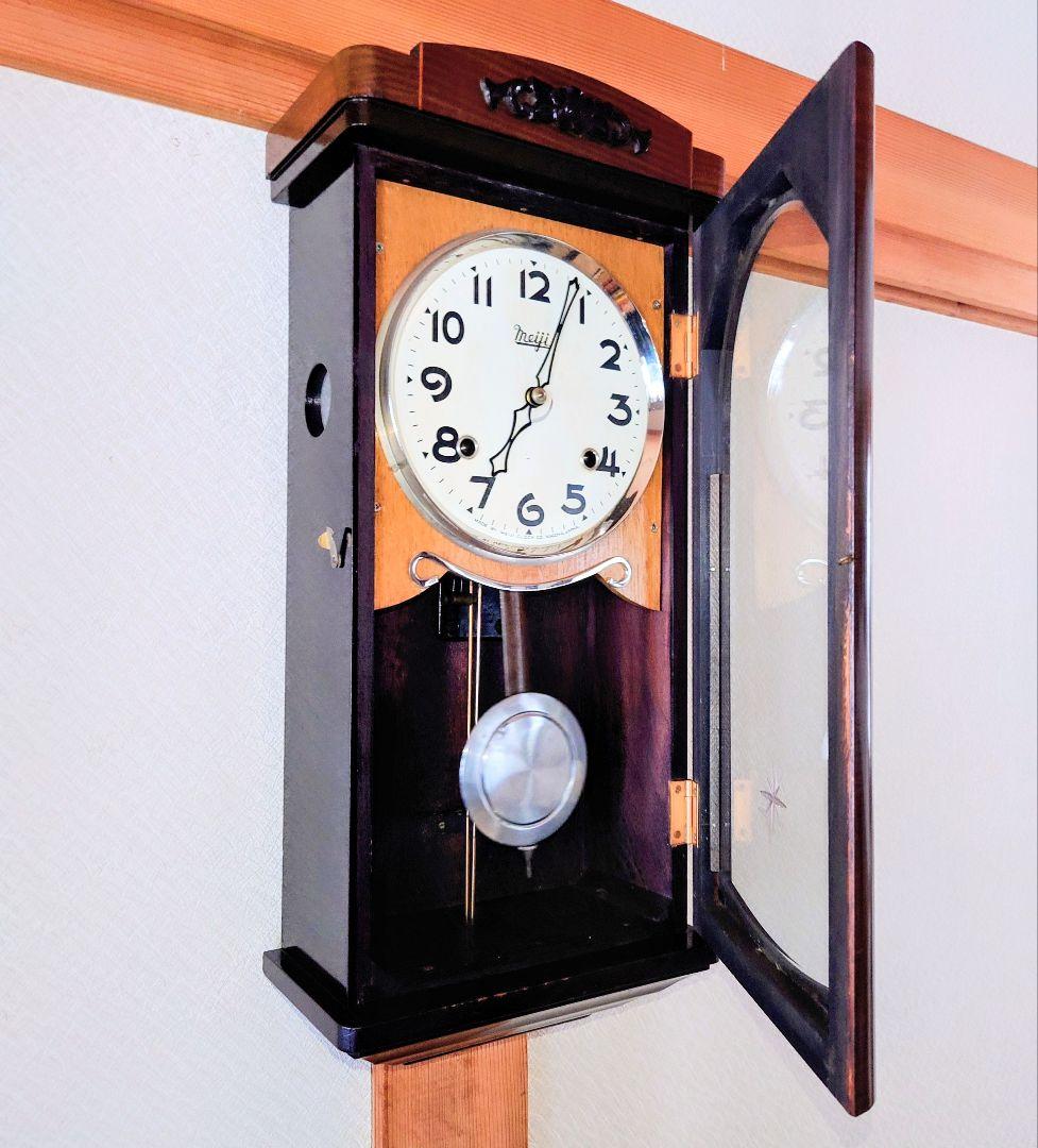 〈完動・美品〉明治時計　チンチャン打　宮型ゼンマイ振り子掛け時計　ボンボン時計