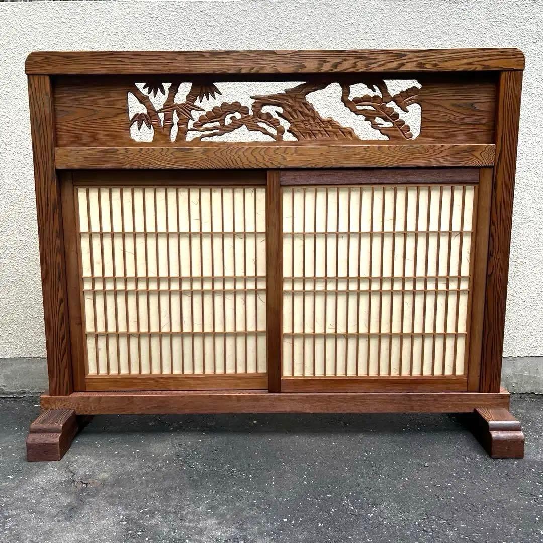衝立　昭和レトロ　引き戸　障子　彫刻　木　 送料込　木製　欄間　パーテーション