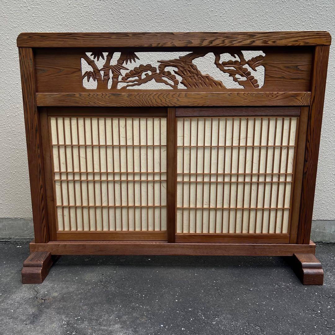 衝立　昭和レトロ　引き戸　障子　彫刻　木　 送料込　木製　欄間　パーテーション