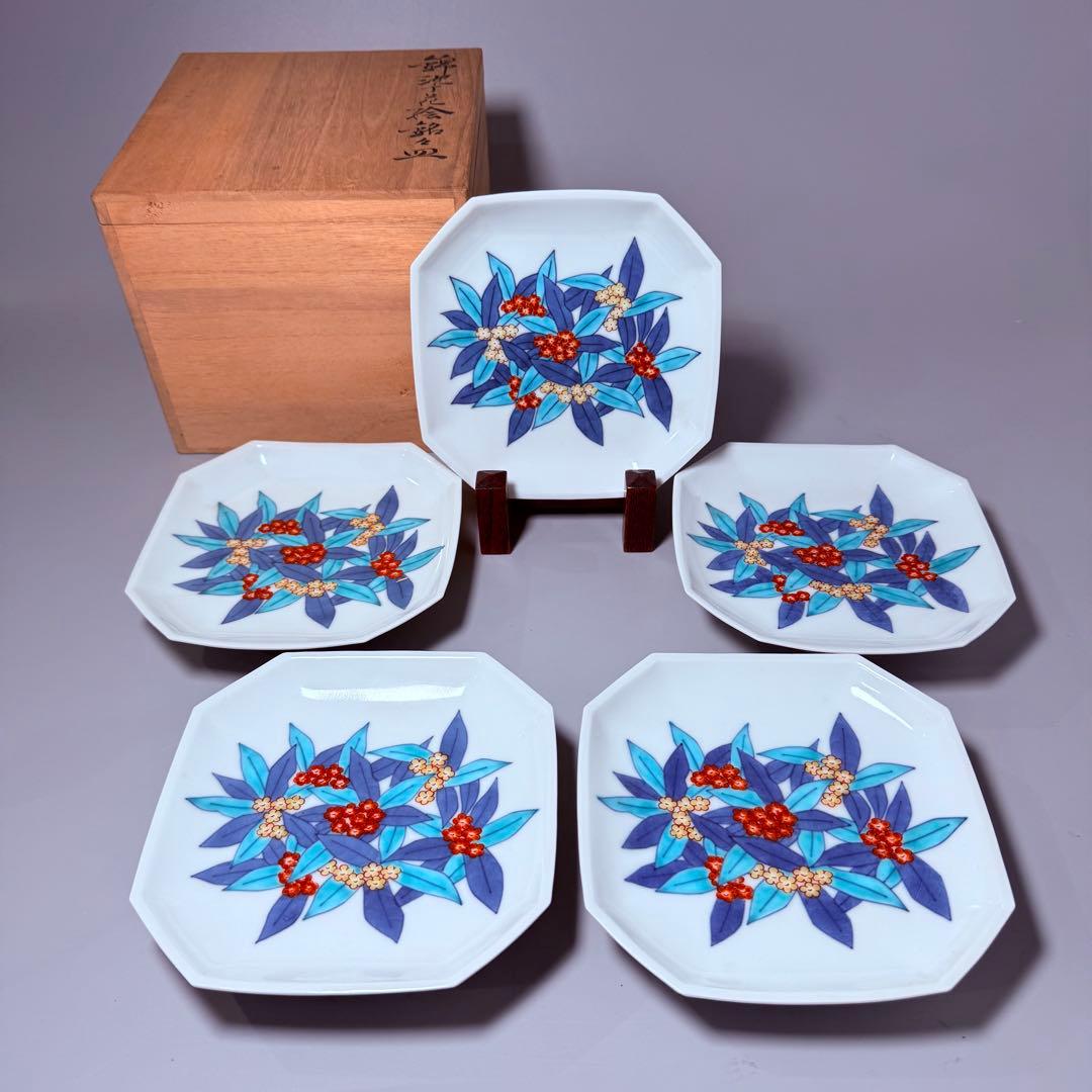 人間国宝　今泉今右衛門　錦沈丁花絵銘々皿　八角形　共箱　高級ライン　日本料理