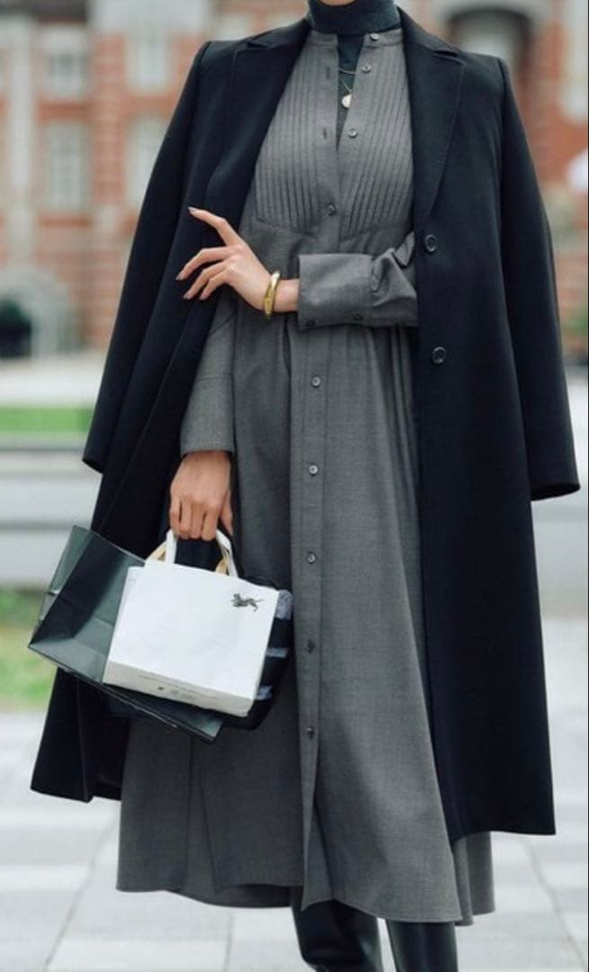 23区　大きいサイズ　44 ウールストレッチツイル ピンタック ワンピース　新品