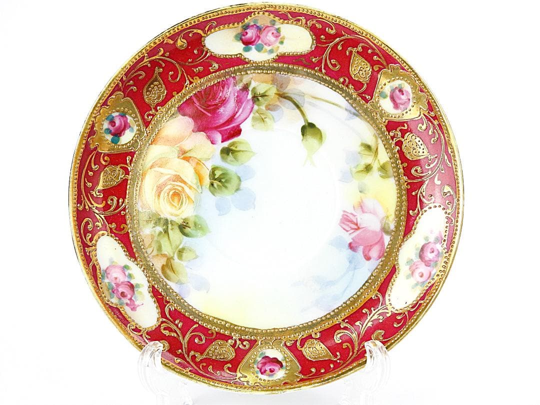 オールドノリタケ 金彩紅地 薔薇絵 カップ ソーサー アンティーク