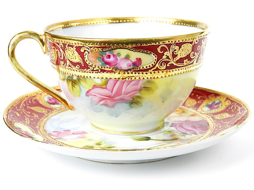 オールドノリタケ 金彩紅地 薔薇絵 カップ ソーサー アンティーク