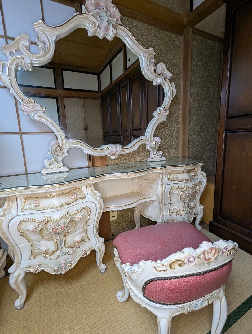 ロココ調 ドレッサー 豪華 姫系 椅子つき アンティーク 鏡台 ミラー