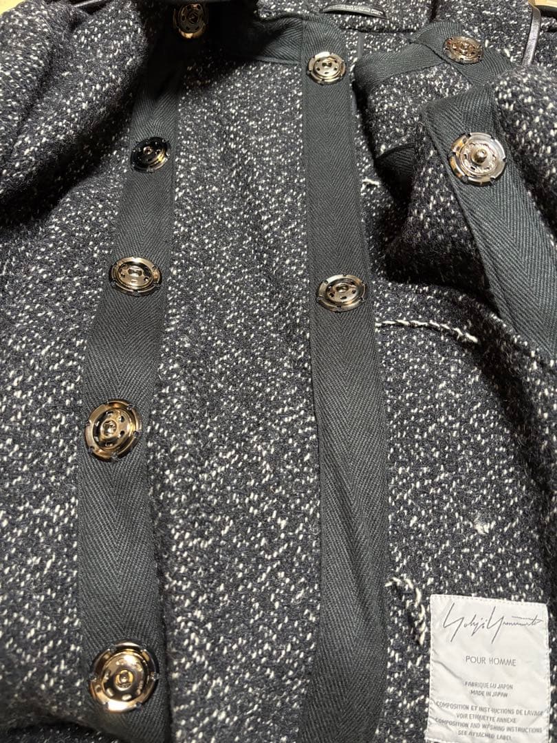 美品 ヨウジヤマモト 裁ち切り仕様コート 金属ホックボタン ネップ