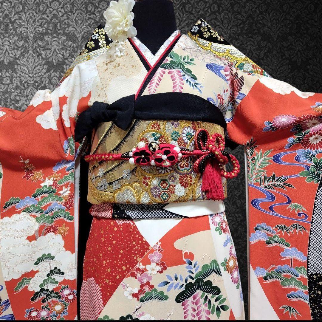 振袖フルセット(6点)・高級古典柄・友禅染め・箔散らし・金彩加工・鴛鴦・正絹