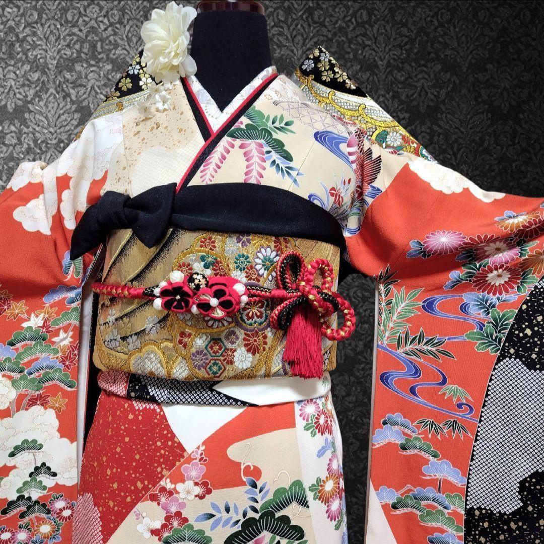 振袖フルセット(6点)・高級古典柄・友禅染め・箔散らし・金彩加工・鴛鴦・正絹