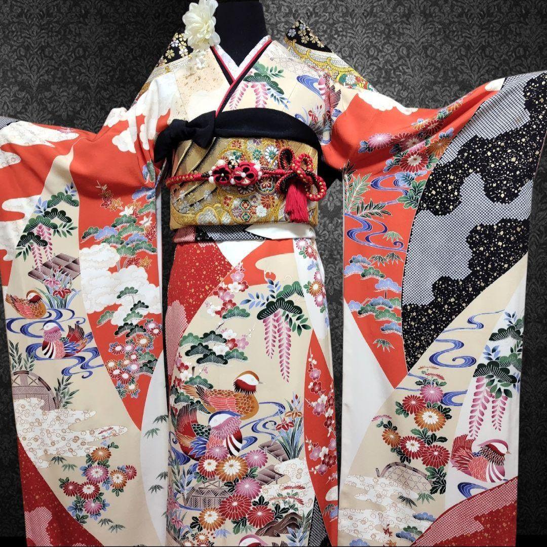 振袖フルセット(6点)・高級古典柄・友禅染め・箔散らし・金彩加工・鴛鴦・正絹