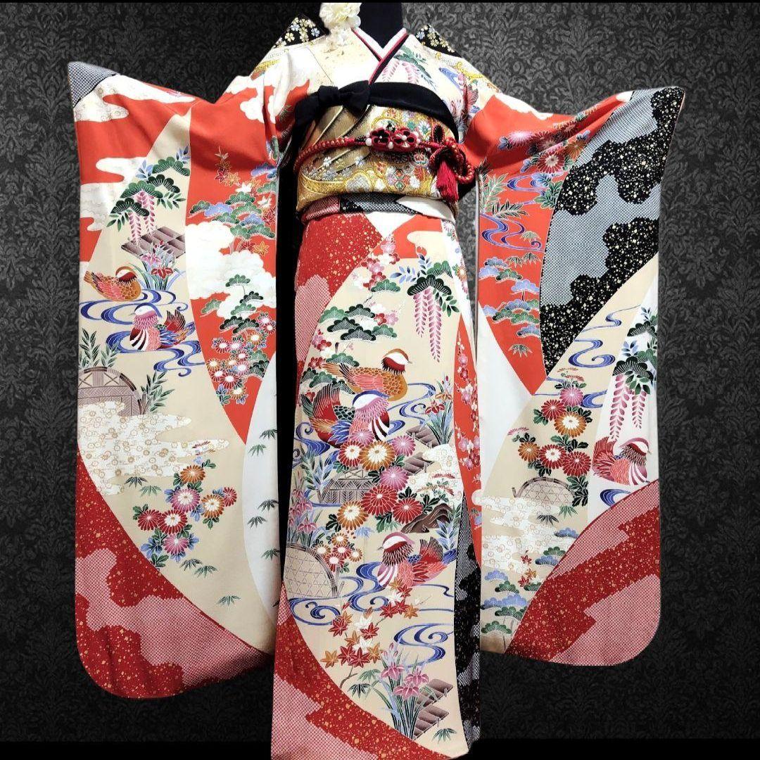 振袖フルセット(6点)・高級古典柄・友禅染め・箔散らし・金彩加工・鴛鴦・正絹