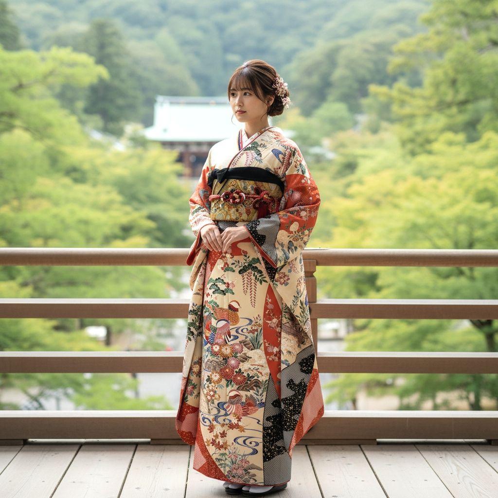 振袖フルセット(6点)・高級古典柄・友禅染め・箔散らし・金彩加工・鴛鴦・正絹