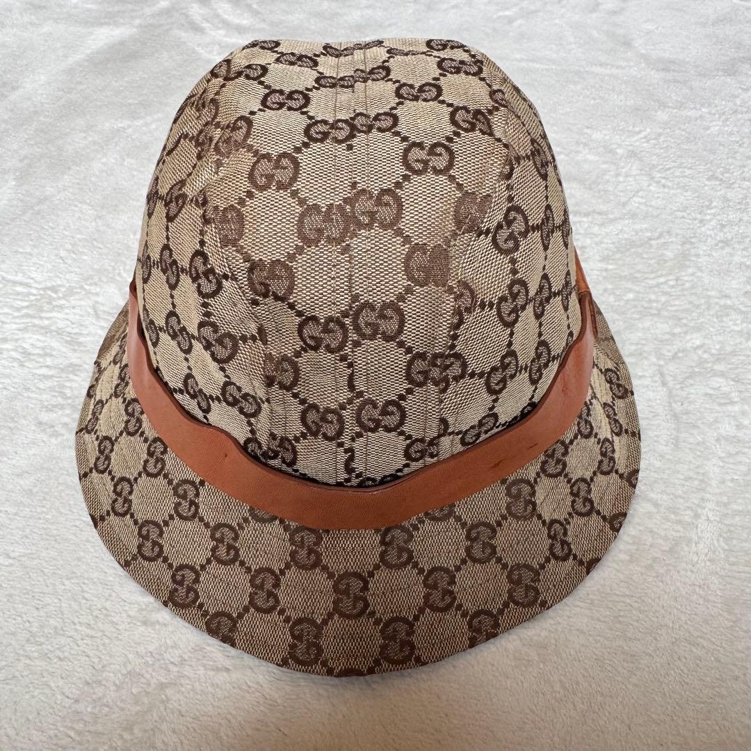GUCCI グッチ GGキャンバス バケットハット レザーリボン付き Mサイズ