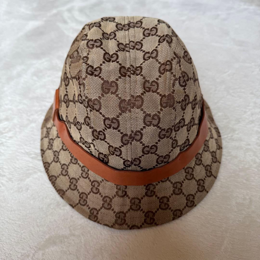 GUCCI グッチ GGキャンバス バケットハット レザーリボン付き Mサイズ