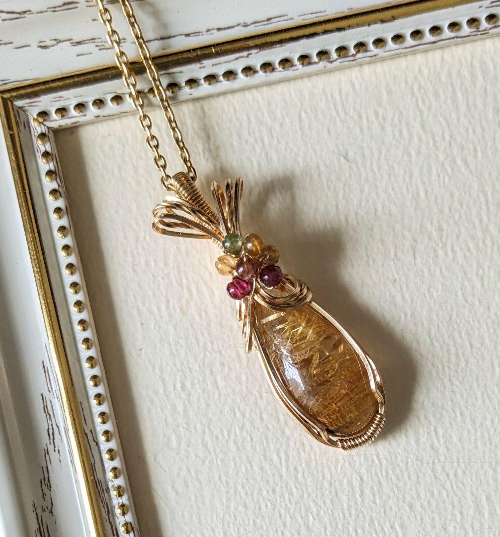 【専用】K14gfゴールデンルチルクォーツ❅ワイヤーアートペンダントトップ他1点