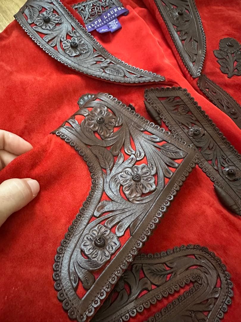 赤 スエード 刺繍 テーラードジャケット