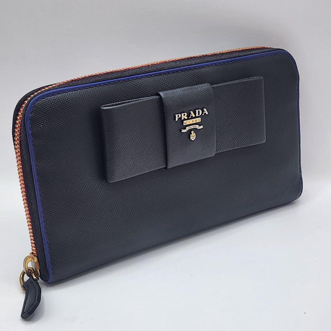 美品 PRADA サフィアーノ リボン ラウンドファスナー 長財布