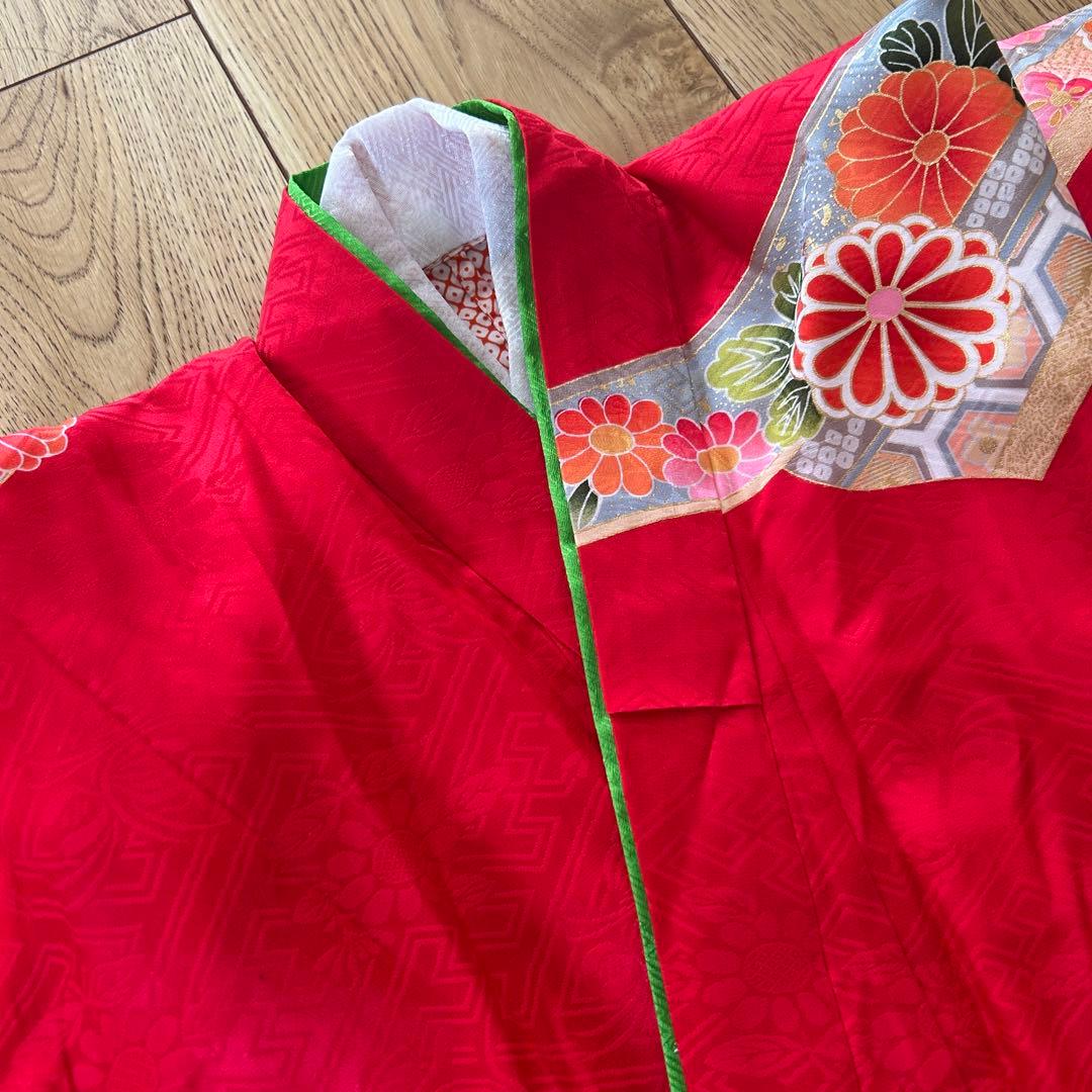 正絹　七五三 女の子7歳着物・帯セット　赤　レトロ　アンティーク
