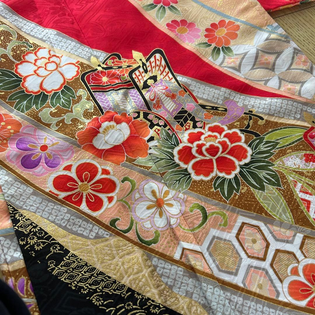 正絹　七五三 女の子7歳着物・帯セット　赤　レトロ　アンティーク