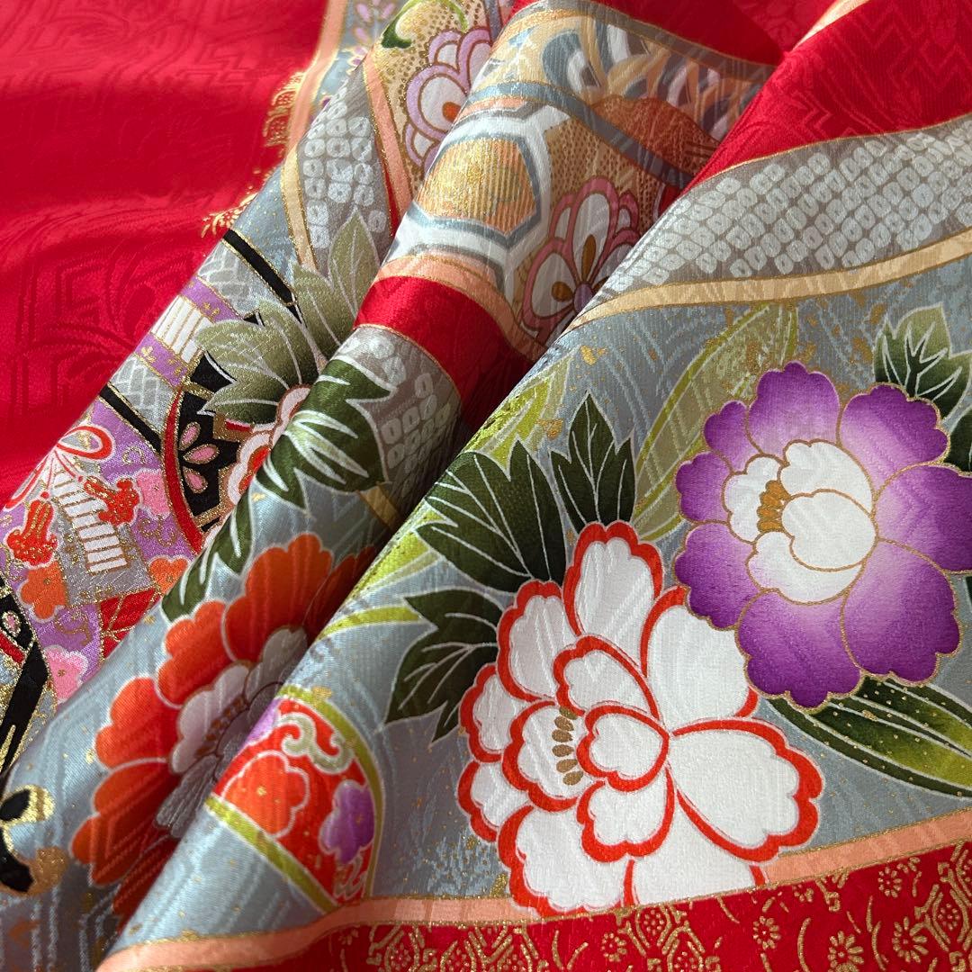 正絹　七五三 女の子7歳着物・帯セット　赤　レトロ　アンティーク