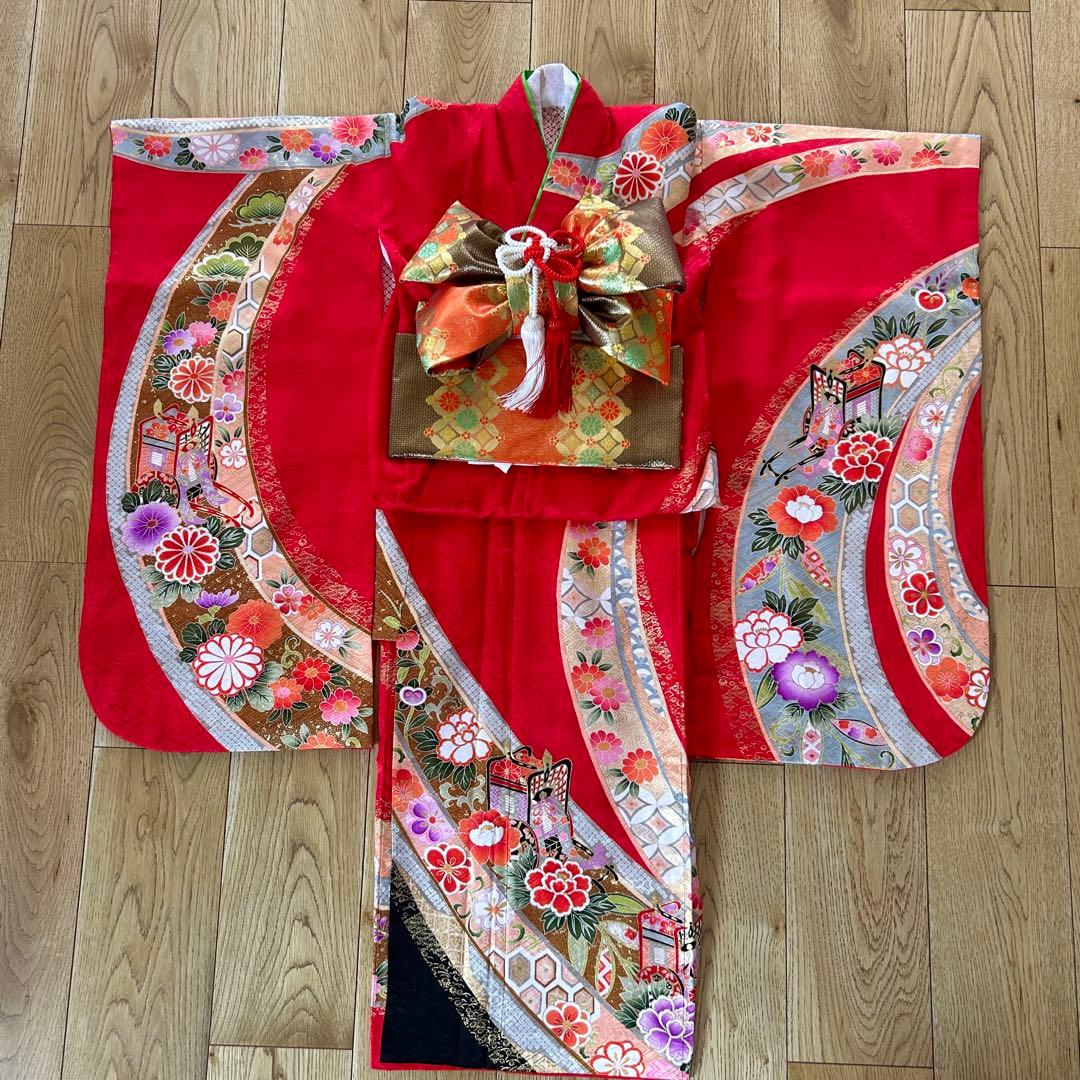 正絹　七五三 女の子7歳着物・帯セット　赤　レトロ　アンティーク