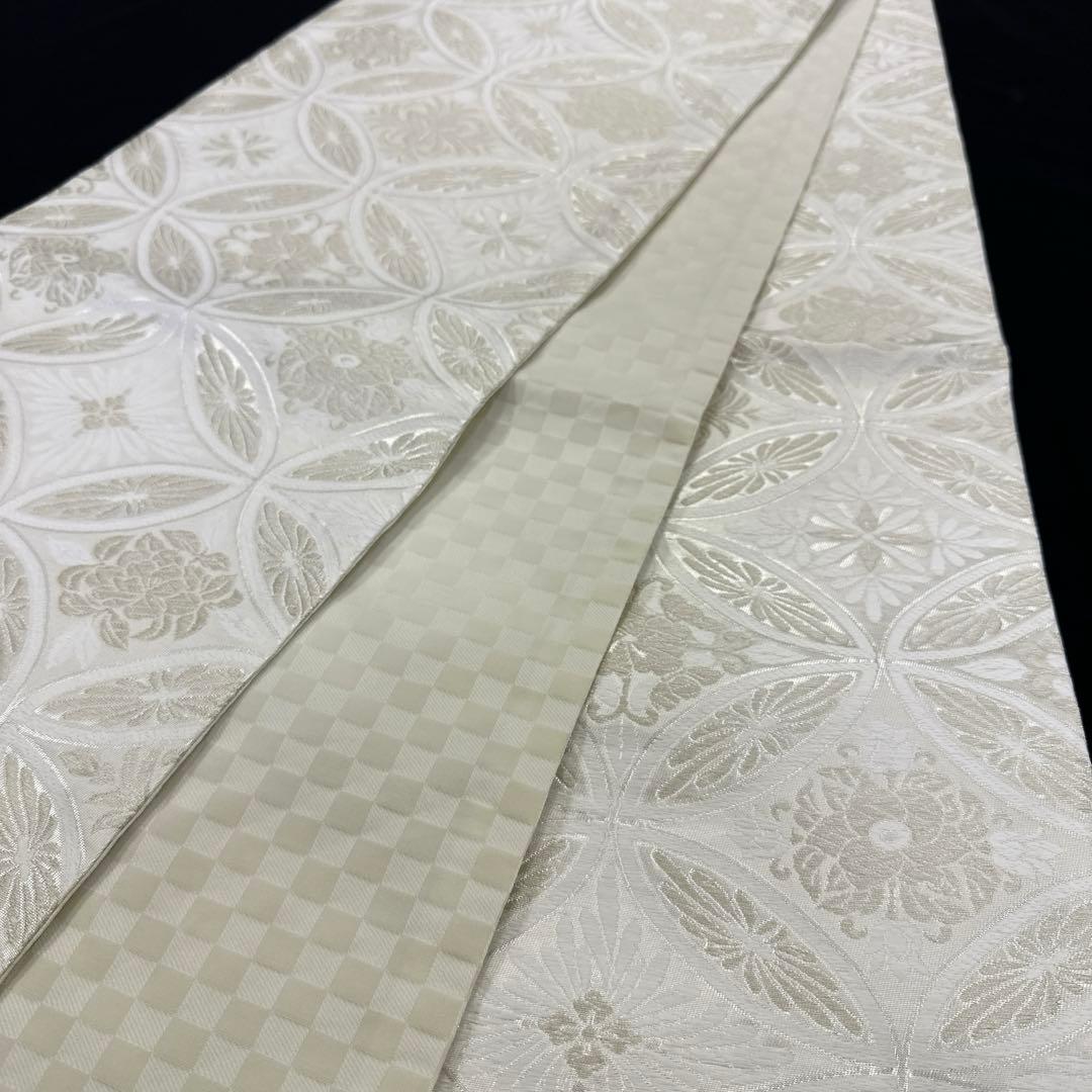 新品 正絹 袋帯 西陣 華翔苑 藤本仁 全通 七宝 白 薄クリーム 未仕立て品