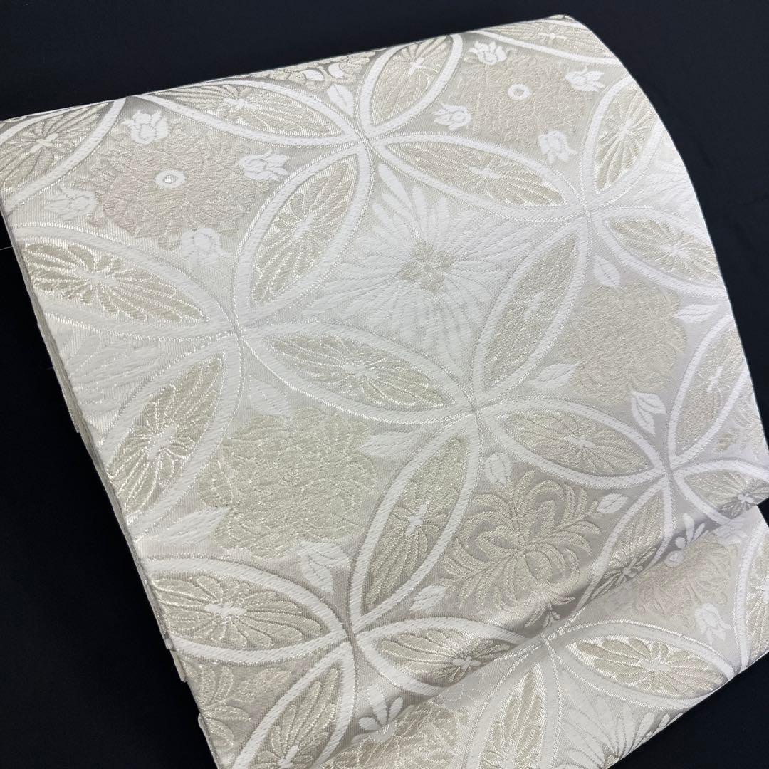 新品 正絹 袋帯 西陣 華翔苑 藤本仁 全通 七宝 白 薄クリーム 未仕立て品