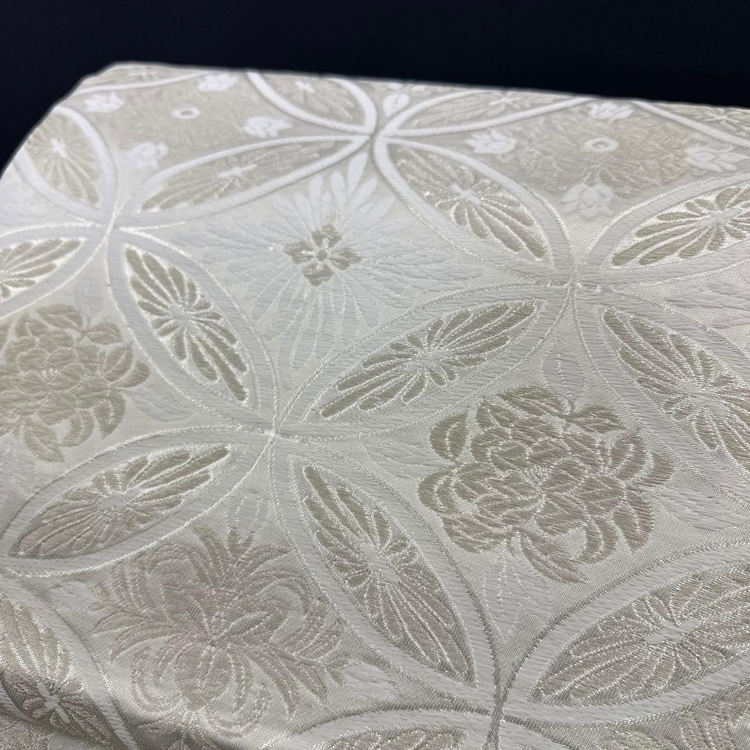 新品 正絹 袋帯 西陣 華翔苑 藤本仁 全通 七宝 白 薄クリーム 未仕立て品