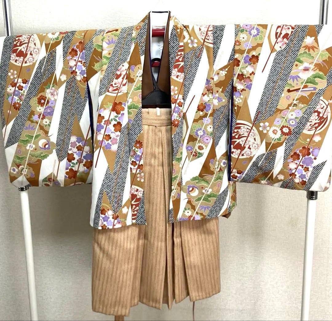 五歳　男児　七五三　着物羽織長襦袴セット　花柄　茶のしめ　オンリーワン　個性的