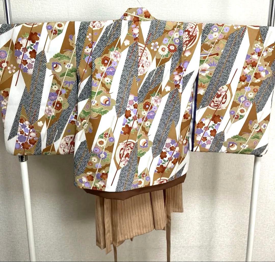 五歳　男児　七五三　着物羽織長襦袴セット　花柄　茶のしめ　オンリーワン　個性的